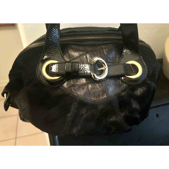 Francesco Biasia Large Black Leather & Calf Hair Satchel Doctor Bag Gold Ring - Picture 3 of 6